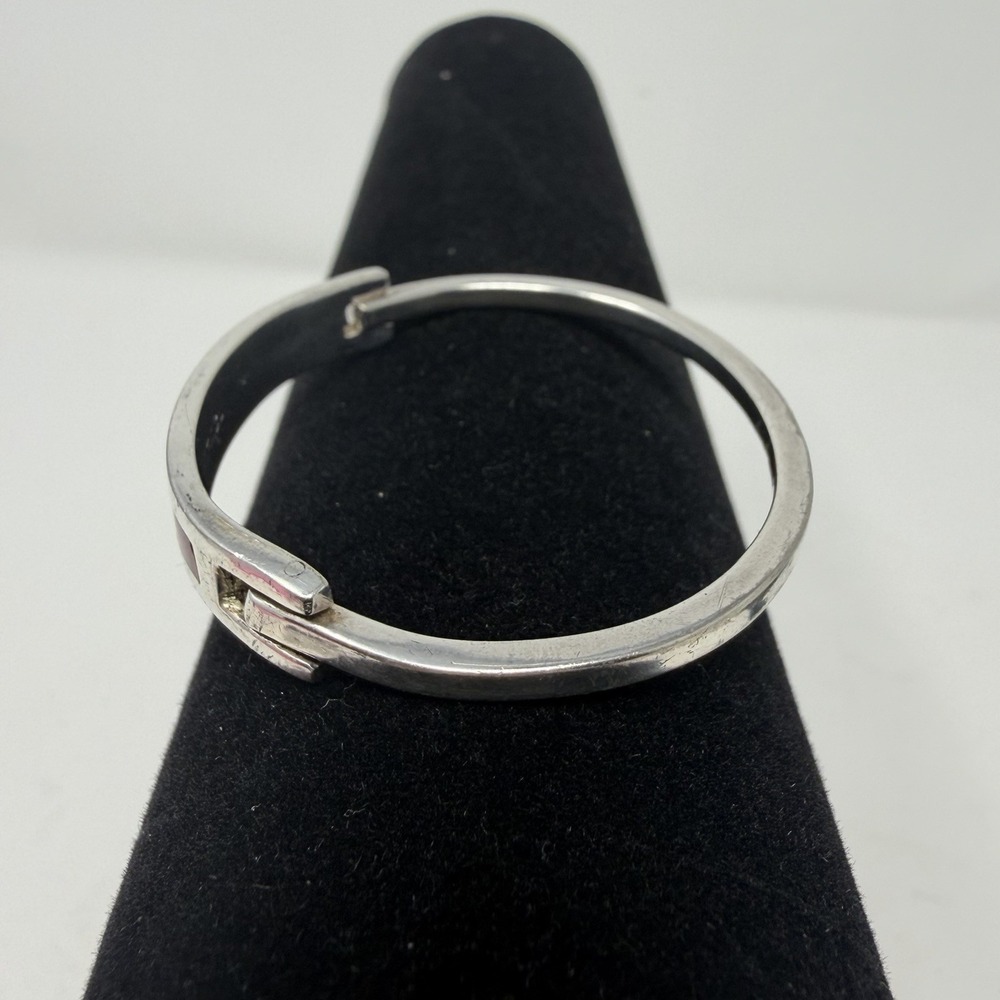 Vintage Mexico‎ 925 Sterling Silver Abalone Red Shell Inlay Hinged Cuff Bracelet - Picture 14 of 16